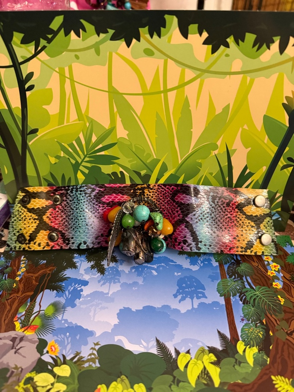 Multicolor Snake-Print Reptile bracelet with Bead Charms